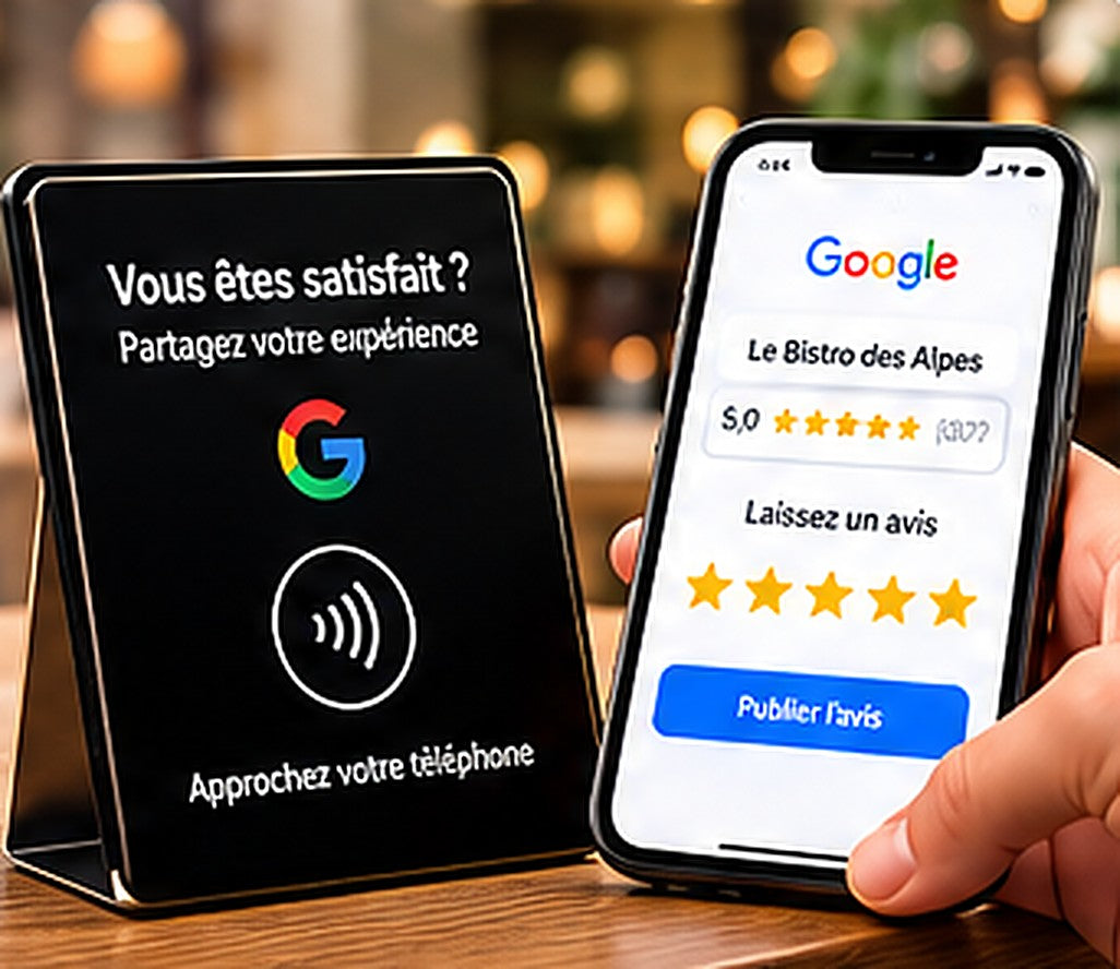 Plaque NFC avis Google posée sur un comptoir, avec un smartphone